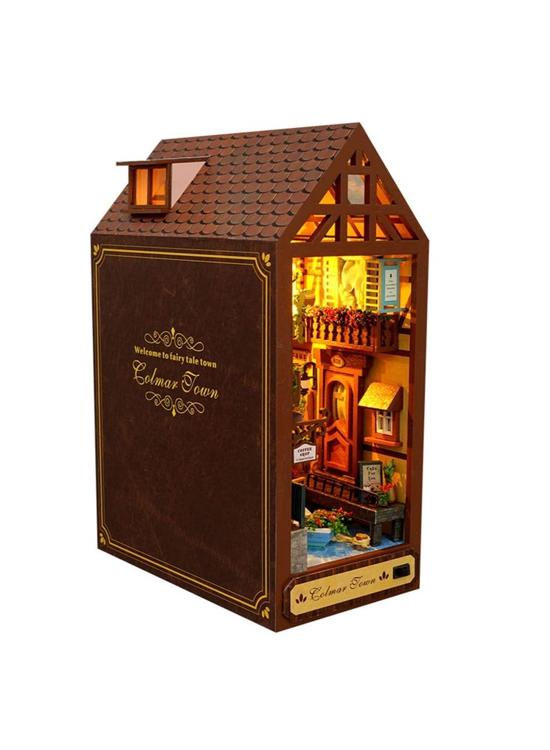 مجموعة زوايا الكتب DIY، زاوية كتب ألغاز خشبية ثلاثية الأبعاد، نهايات كتب مزخرفة، رف كتب يُدرج زقاق زخرفي مع أثاث وأضواء LED لتزيين مكتب مكتب المنزل في  (سنوات خالية من الهم) - Image 1